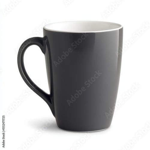 A single dark gray ceramic mug with a white interior isolated on white background