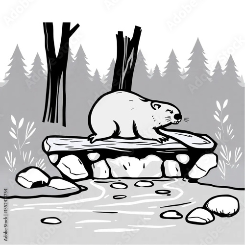 A beaver building a dam across a woodland stream