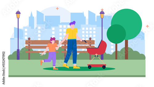 Father and daughter enjoying a park stroll with a stroller, suitable for family, parenting, outdoor activities, city life concepts.