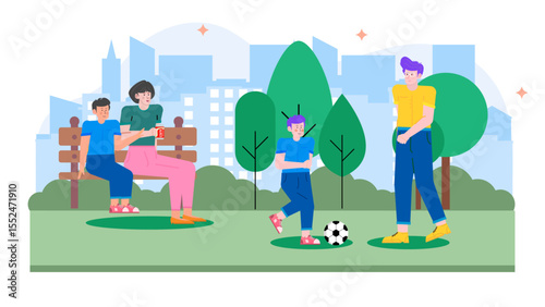 Family in park playing soccer, relaxing. Perfect for lifestyle, sports, outdoor activities, family themed designs, and marketing materials targeting families.
