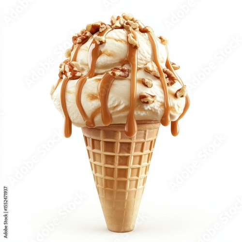 Delicious vanilla ice cream cone with caramel sauce and walnuts isolated on white background