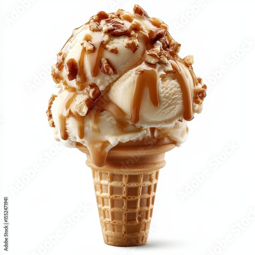 Delicious vanilla ice cream cone with caramel sauce and pecans isolated on white background
