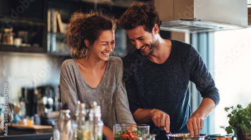 Couple cooking together in a cozy kitchen while sharing laughter and enjoying a playful moment in the afternoon