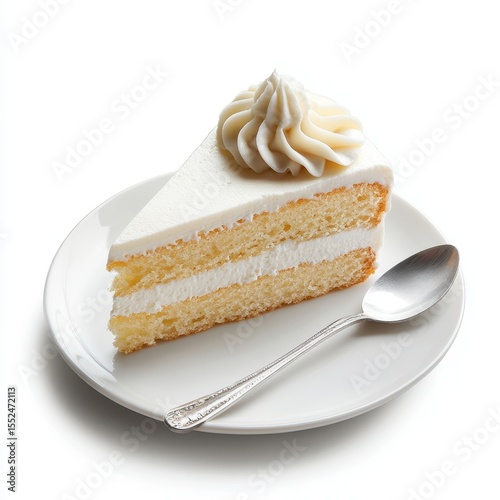Slice of vanilla cake with cream frosting and a spoon on a white plate isolated on white background