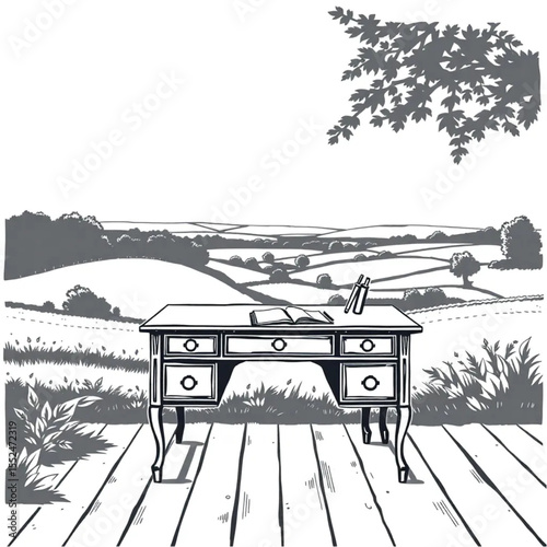 A antique writing desk overlooking an inspiring co...