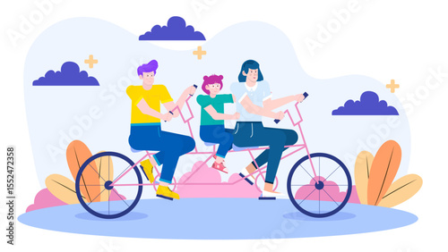 Family joyfully rides a pink tandem bike outside; vacation, summer, cycling, family activities, outdoor fun, exercise, bonding, leisure, happiness.