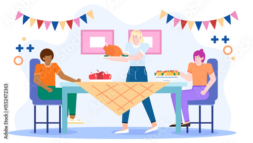 Friends enjoy Thanksgiving meal at festive table. Suitable for holiday invitations, blog posts, social media content, and greeting cards.