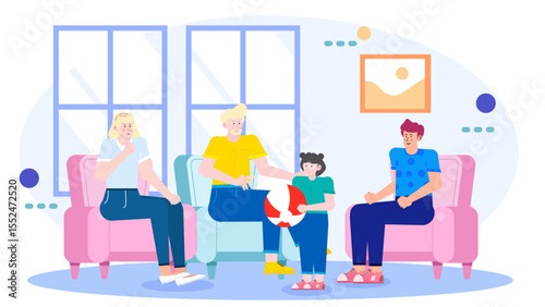 Four people sit on chairs indoors, holding a beach ball. Great for illustrating teamwork, relaxation, indoor activities, and group dynamics.