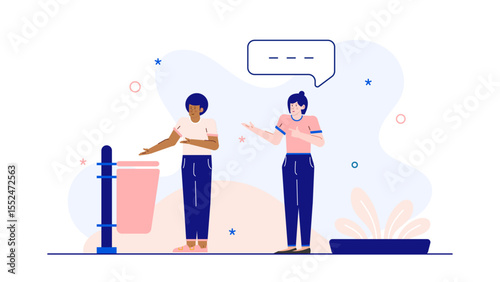 Two women chatting energetically by trash can, suitable for urban lifestyle articles, city scenes in blogs, environmental discussions, and social issues.
