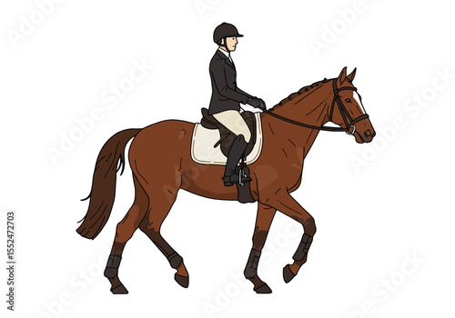 A rider on a brown horse The rider is wearing a black helmet jacket and boots and beige riding pants