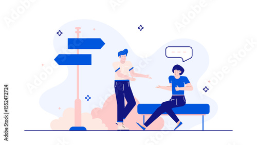 Two people by signpost; discussion on directions. Suitable for travel blogs, navigation apps, journey concepts, adventure posters, exploration content.