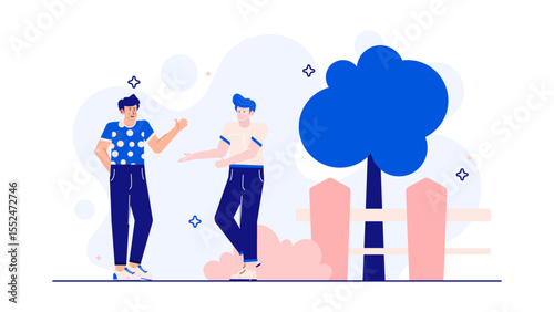 Two men converse near a pink fence and blue tree. Suitable for business networking, outdoor socializing, and friendly discussion settings.