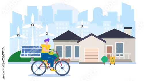 Person commuting past sustainable home with solar panels and windmills. Suitable for ecofriendly concepts, renewable energy, transportation, and sustainable living themes.