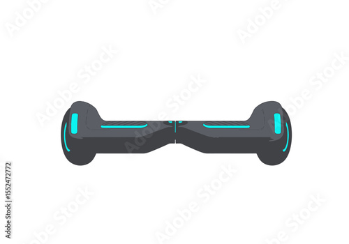 A selfbalancing scooter gray with blue accents is displayed against a stark white background