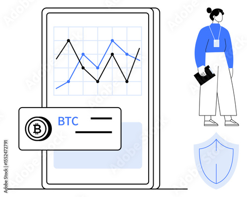 Mobile displaying cryptocurrency graph, BTC label, user with clipboard, and shield icon. Ideal for finance, crypto, security, analytics fintech investment and protection themes. Simple flat
