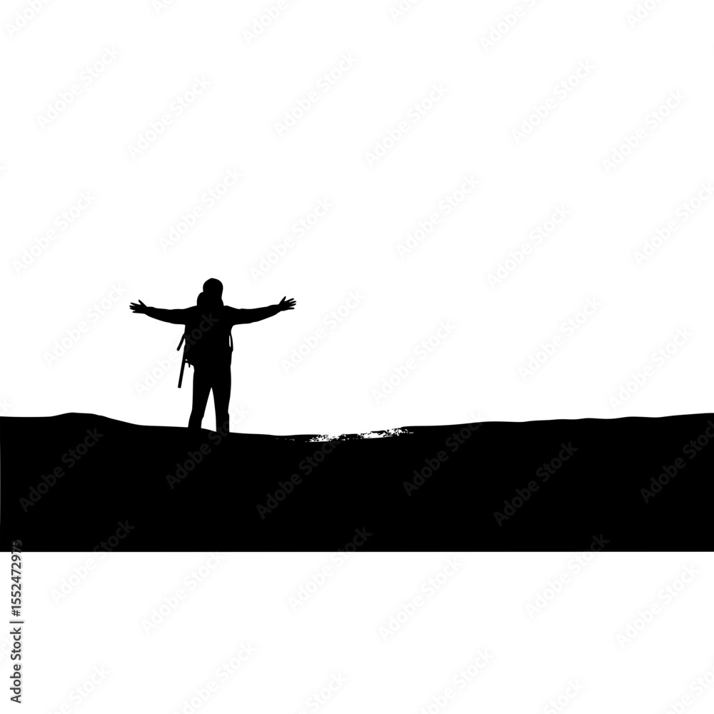 Fototapeta premium Silhouette hiker adventure travel mountain landscape outdoors nature freedom exploration backpacking trip