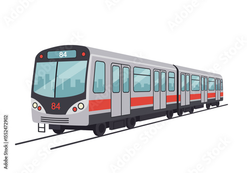 A silver train labeled 84 runs on tracks against a plain white background