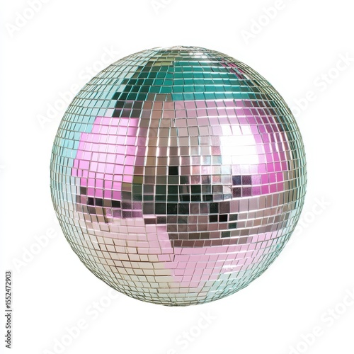 Mirror disco ball reflecting pink and teal lights isolated on white background
