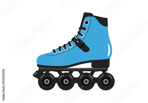 A single light blue roller skate with black wheels laces and accents is displayed on a white background