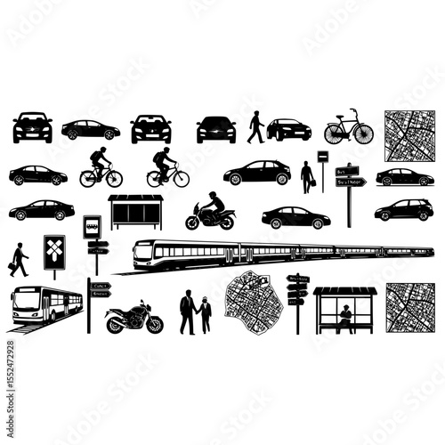 City transport vehicles people map street bus train car bicycle motorcycle public vector silhouette urban scene