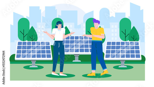 Two people discussing solar panels in city park; ideal for environmental blogs, sustainability articles, urban development websites, green energy concepts.