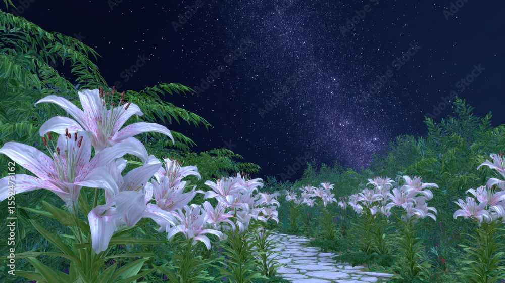 Obraz premium White lily flowers bloom along stone path under clear starry night sky, surrounded by lush green foliage creating peaceful garden scene