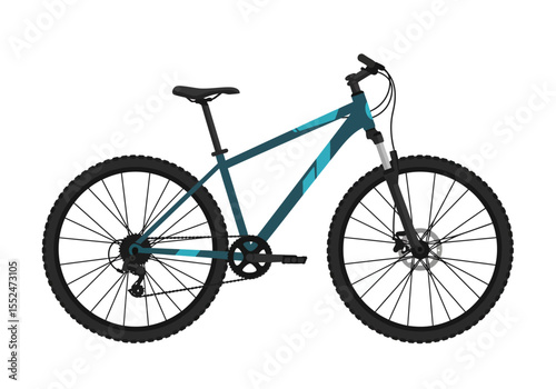 A teal mountain bike with black tires on a white background