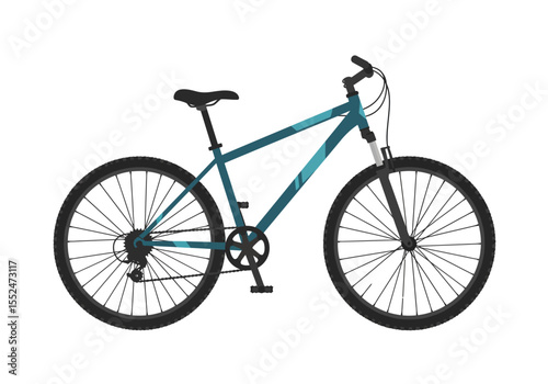 A teal mountain bike with black tires and seat is shown against a white background