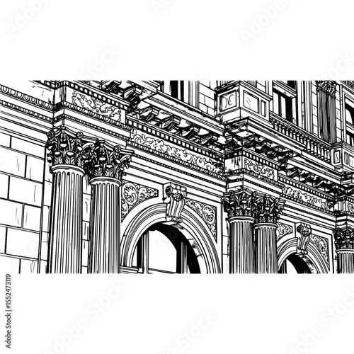 Detailed architectural drawing of an ornate building facade with columns and arches in black and white line art