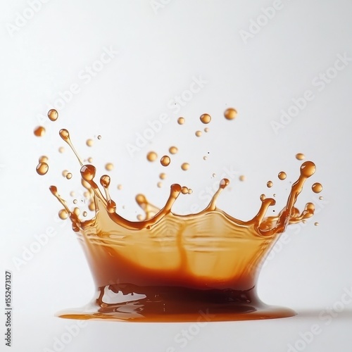 Dynamic coffee splash crown formation with droplets isolated on white background