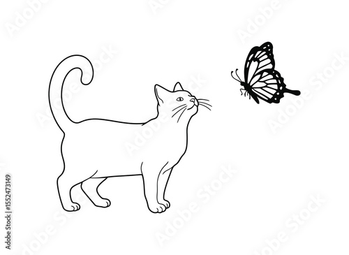 Curious Cat and Butterfly Outline: Playful Animal Interaction Line Art