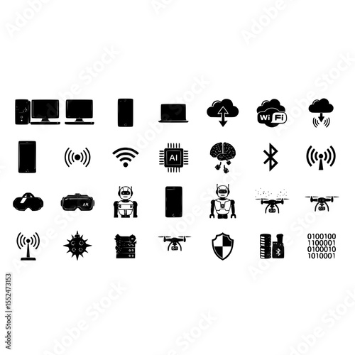 Technology future ai robot drone cloud computing wifi connection computer device icon set vector design 100