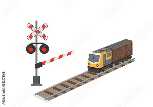A train approaches a railroad crossing with flashing lights and a lowered barrier