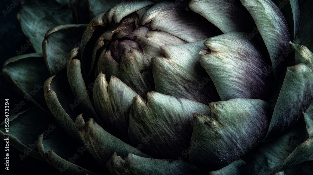 Fototapeta premium Close-up view of an artichoke revealing layers and textures in natural light during a still life composition