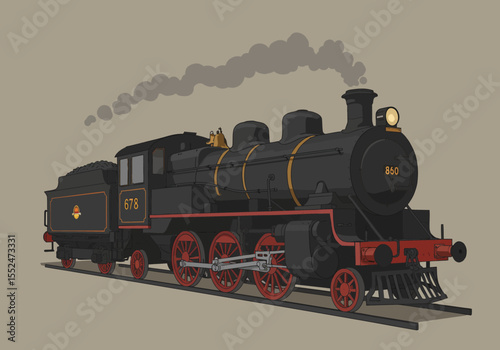 A vintage steam train black and red with gray smoke