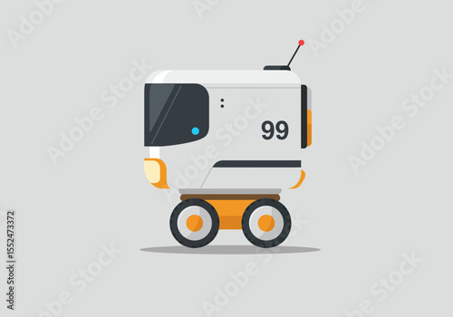 A white boxy robot with orange wheels and a screen displays 99 on a light grey backdrop