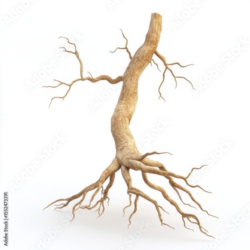 A gnarled and twisted tree root system with branches reaching upwards isolated on white background