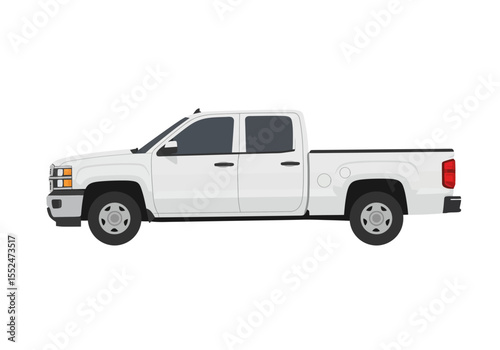 A white fourdoor pickup truck with a black bedliner and dark tinted windows stands out against a white background