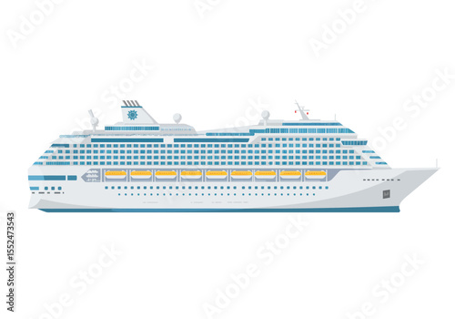 A white cruise ship with blue accents sits against a white background