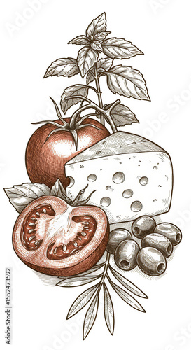 Vintage Food Illustration With Tomato Cheese Basil Isolated Design