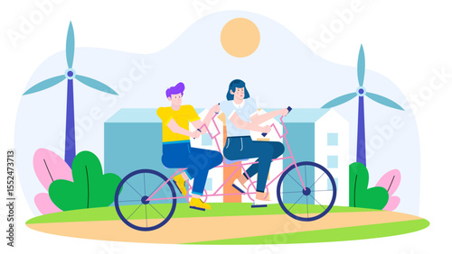 Two people on pink tandem bike pass wind turbines. Suitable for promoting ecofriendly transportation and renewable energy initiatives.