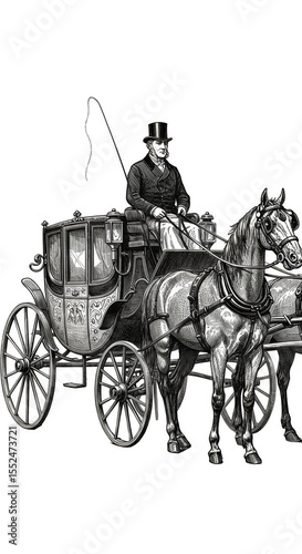 Vintage Horse Carriage Illustration with Driver and Classic Design