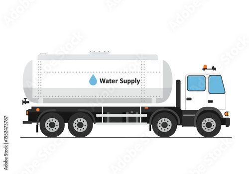 A white water tanker truck with dark tires and Water Supply text