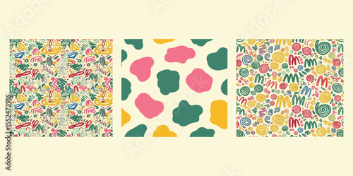 Collection of retro 80s, 90s colorful vector seamless patterns. Doodle fun kid backgrounds. Childish cool geometric design useful for fabric, textile, cover, banner, label, print, wrapping, wallpaper