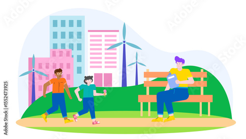 Park scene with people walking and one person reading on a bench. Suitable for website banners, promotional materials, or summer blog posts.