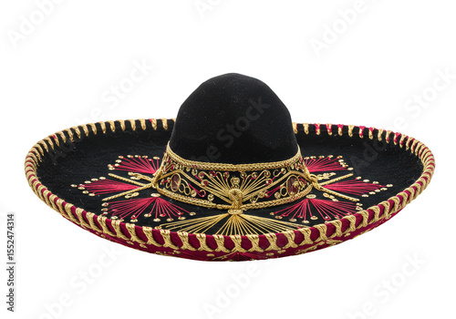 Isolated Traditional Black Sombrero Hat Embroidered in Transparent Background
