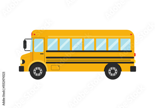 A yellow school bus is positioned against a plain white background