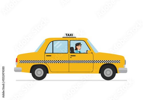 A yellow taxi with a woman driver checkered stripe and a TAXI roof sign