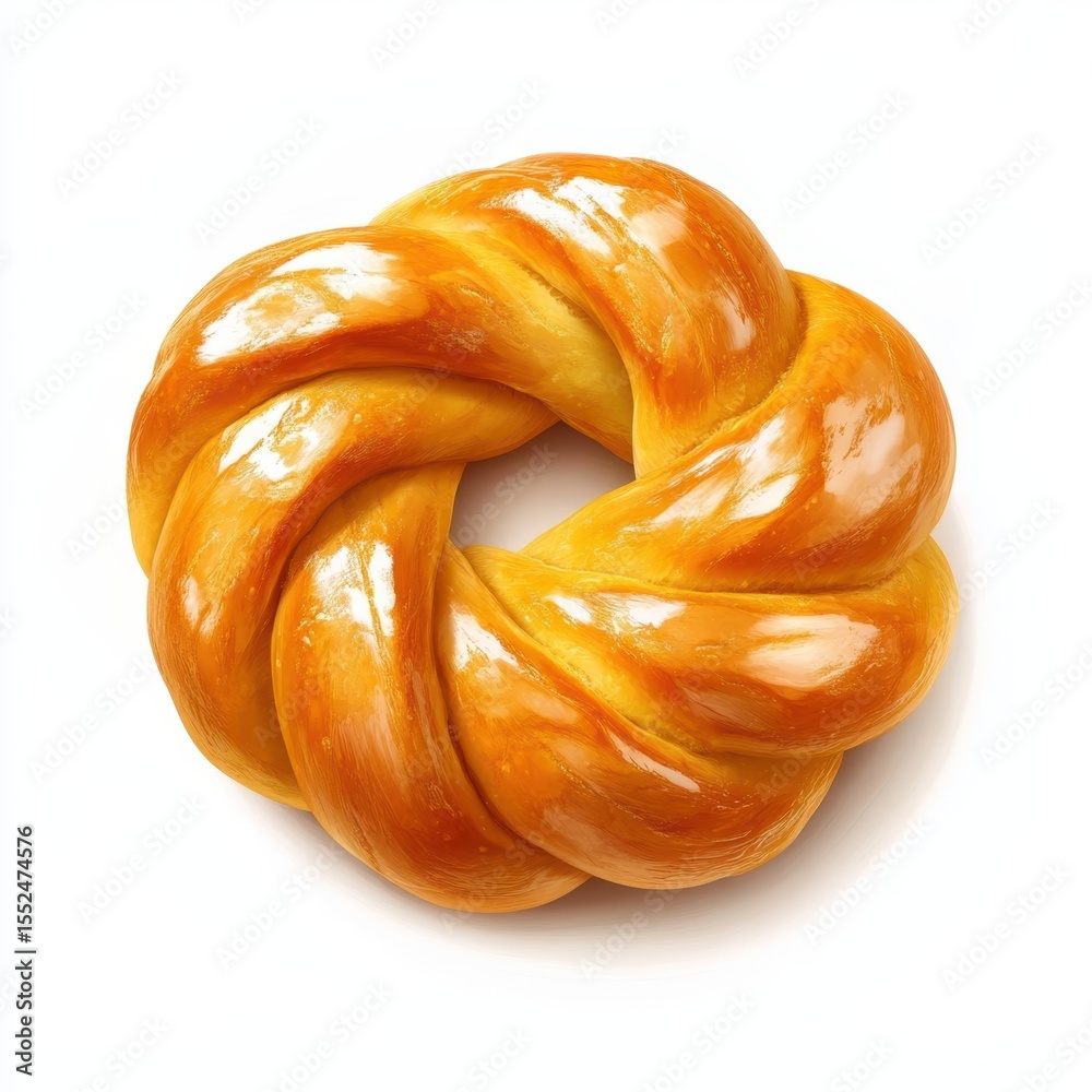 Fototapeta premium Golden braided sweet bread dough twisted into a ring isolated on white background
