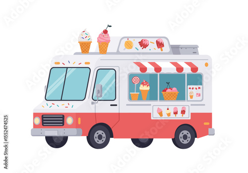 An ice cream truck with red trim stocked with cones and popsicles